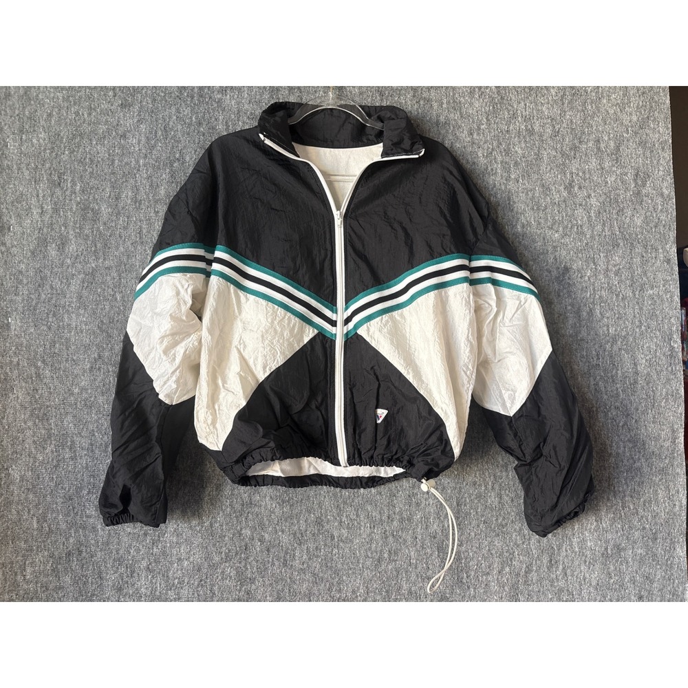 Varsity Spirit Fashions Windbreaker Jacket Black White Teal Drill Patch USA Made